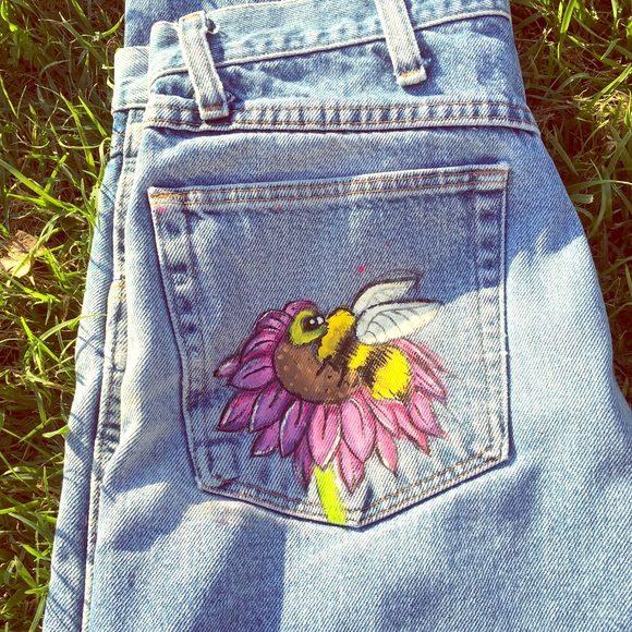 Hand painted Blue Denim Jeans - Bee Flowers
